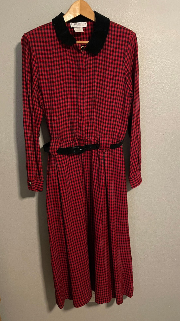 Vintage Bedford Fair Womens Dress Size 10 Red Check Plaid Maxi Belted Holiday